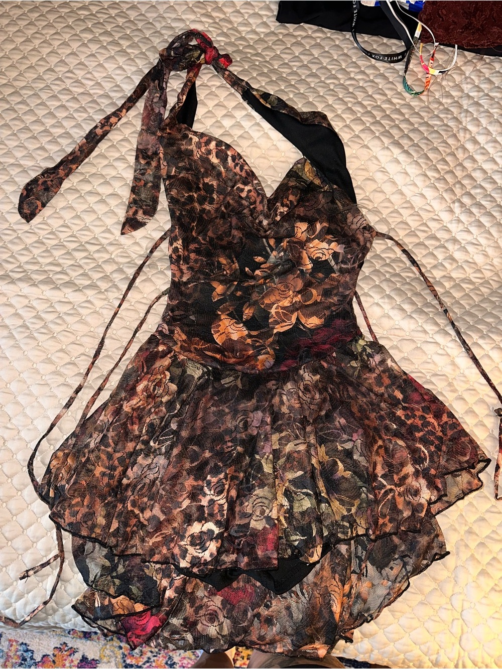 Windsor Brown Floral & Leopard Halter Asymmetrical Mini Dress